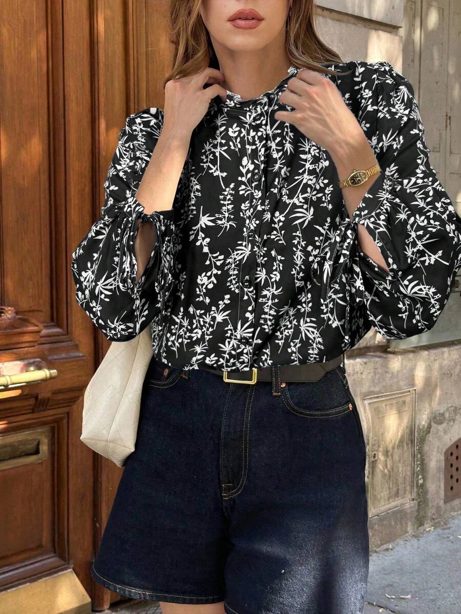 Pariaura 女式法式全印花优雅系带袖衬衫 - 黑色 - 查看 1