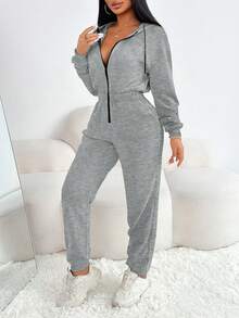 VaVaBold Casual Drawstring Hooded Jumpsuit, Autumn - Light Grey - View 3