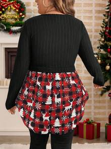SHEIN LUNE Plus Size Women Christmas Tree & Reindeer Print Ruffle Hem Round Neck Long Sleeve Casual Top - Burgundy - View 2