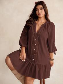 Elaquor Plus Size Casual Solid Color Notched Neck Lantern Sleeve Dress Brown/ Spring To Summer - Brown - View 7