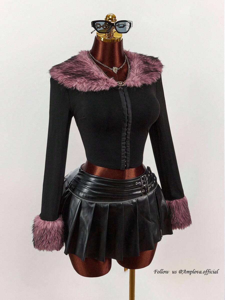 Amplova Y2K Amplova Women's Fashion Black Color Fur Collar Splicing Block Faux Fur Patchwork Short Jacket Black Jacket Women Goth Women Clothes Black Crop Jacket Autumn Winter Clothes For Women