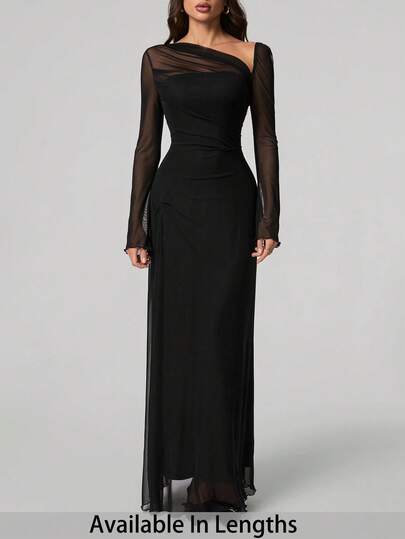 SHEIN Tall CURVE 大码优雅纯色不对称领口连衣裙，秋季，波西米亚风