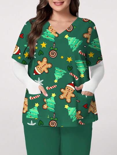 PopScrub 大码女式姜饼人、圣诞树和拐杖糖卡通印花V领短袖制服上衣