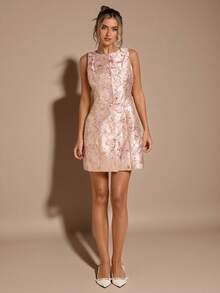 SHEIN BAE Váy suông cổ tròn không tay họa tiết hoa jacquard trơn màu dành cho nữ, họa tiết hoa 3D, váy dự tiệc sang trọng, váy công chúa hở lưng kiểu Pháp thanh lịch, gợi cảm và duyên dáng, phù hợp cho mùa hè, váy ngắn dự tiệc sinh nhật cho nữ - Hồng - Xem 6
