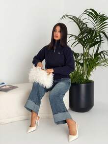 Ronhire Nuevo suéter suelto informal de media cremallera para mujer, llegada del otoño - Azul Marino - Ver 1