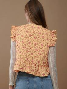 WESTFADE Round Neck Flutter Sleeve Bow Tie Front Ruffle Peplum Sleeveless Floral Puffer Vest Top Fall, Autumn, Winter