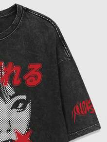 ROMWE MEN Anime 男士休闲圆领短袖动漫T恤，做旧酸洗标语印花 - 黑色 - 查看 4