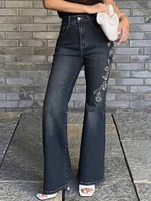 DAZY Jeans évasés avec broderie florale pour femmes, pantalon en jean élégant - Jean bleu - Voir 4