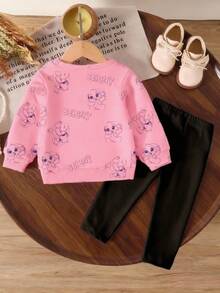 2 件套可爱甜美女婴休闲兔子和心形图案针织柔软圆领长袖运动衫和紧身裤套装，适合秋冬季，舒适、时尚的休闲装，非常适合万圣节、返校、户外、摄影、居家、校园、节日、礼物 - 彩色 - 查看 3
