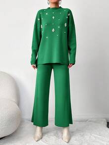 RueChic Ladies' Pearls Embellished Knitwear Set 2pcs - Green - View 4