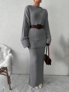 EURMUSE Thả vai Sweater & Knit Skirt Không có thắt lưng - Màu xám đen - Xem 4