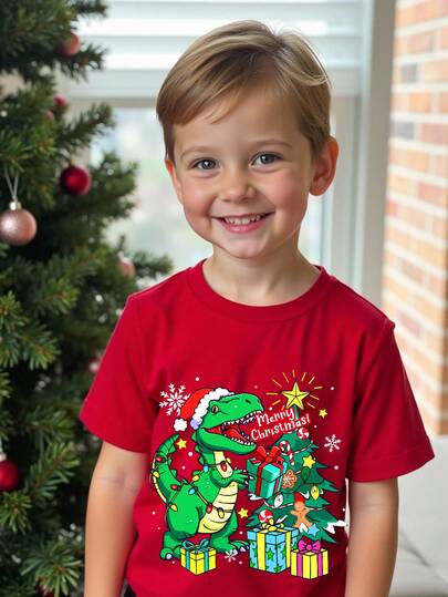 SHEIN Young Boy Casual Minimalist Fashion Warm & Comfortable Classic Christmas, Star Christmas Tree Pattern, Cute Style, Dinosaur Pattern, Christmas Pattern Round Neck Short Sleeve Loose T-Shirt, Suitable For Summer