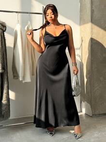 GalTyme Váy suông cổ xếp ly màu trơn thanh lịch cỡ lớn cho nữ - màu đen - Xem 5