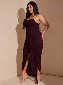 SHEIN BAE 大码女式春夏豌豆绿、绿色褶饰荷叶边下摆高开衩连衣裙、优雅度假沙滩裙、沙滩派对裙、夜间外出裙、生日裙、性感别致裙、网眼裙 - 紫紅色 - 查看 6