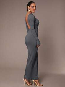 Silquee 女式基本款汗衫连衣裙，性感深背，腰部褶皱，亲肤，长袖，及地长，炭灰色 - 深灰色 - 查看 7