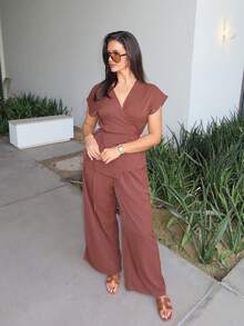 MDEdit Conjunto de 2 piezas de blusa con mangas de murciélago envolventes y pantalones anchos y holgados, tejido en color albaricoque, para salidas de verano, citas, vacaciones - Café integral - Ver 1