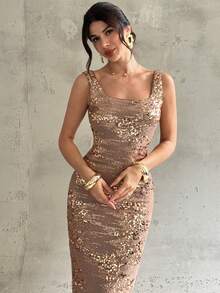 Firerie Đầm Maxi xẻ tà hở lưng cổ vuông đính sequin, Đầm dạ hội đính sequin, Đầm dự tiệc thanh lịch gợi cảm, Đầm đính sequin không tay, Đầm đính sequin hoa 3D, Thích hợp cho mùa xuân, hè, thu, đông, thanh lịch, đi làm, hẹn hò, tiệc tùng, đám cưới, tốt nghiệp, biểu diễn, hòa nhạc, công sở, trở lại trường, họp thường niên, sinh nhật, ngày lễ - màu nâu - Xem 6