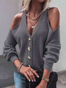 SHEIN LUNE 女士时尚休闲纯色露肩长袖纽扣开衫 - 深灰色 - 查看 4