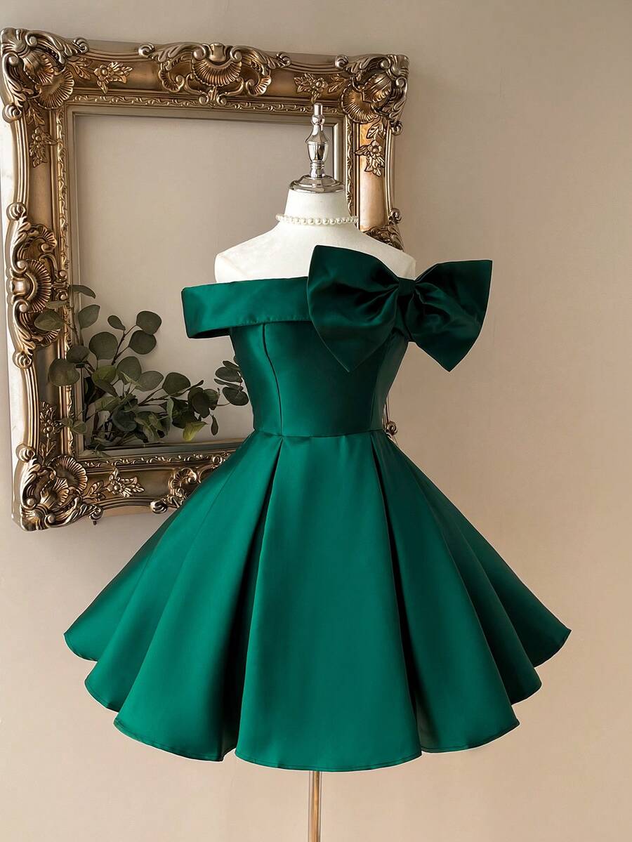 SHEIN Belle Elegant Luxurious Dark Green Off-Shoulder High-Waist Flare Hem Dress Suitable For Wedding, Graduation, Vacation, Bachelorette Party, Wedding Reception, Prom Semi Formal Dress, For Birthday, Wedding Guest Homecoming - Dark Green - View 1