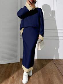 EURMUSE Women Round Neck Drop Shoulder Pullover & Sweater Skirt Set - Navy Blue - View 4