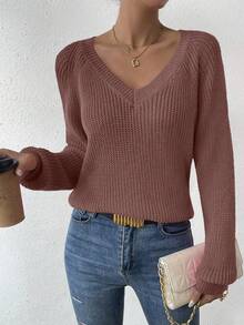 SHEIN LUNE Áo len chui đầu dáng rộng cổ chữ V tay raglan đơn giản, màu trơn, dễ mặc hàng ngày dành cho nữ, mùa thu/đông - Màu hồng gỉ - Xem 5