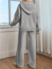 EURMUSE Women Solid Color Drop Shoulder Hooded Pullover & Sweater Pants Set - Light Grey - View 2