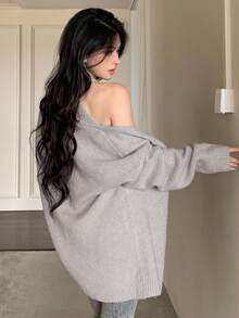 DAZY 2 件套女士优雅纯色吊带背心开衫套装，秋季 - 淺灰色 - 查看 2