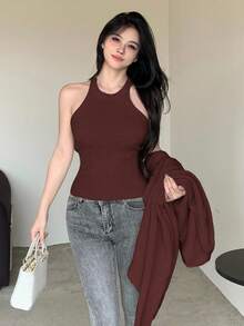 DAZY 2pcs Women's Elegant Solid Color Camisole Cardigan Sweater Set, Autumn - Burgundy - View 4