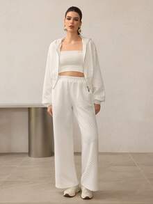 Mulvari 2pcs Women's Fashion Hooded Zipper Jacquard Slim Sweatshirt And Wide Leg Pants Set, Autumn - White - View 10