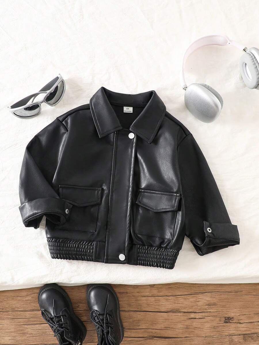 Genkimix Kids 年轻女孩宽松休闲夹克，时尚街头风格仿皮大衣