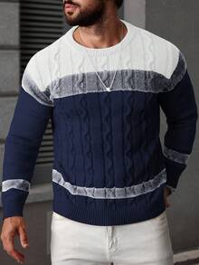 Manfinity Mode Áo len nam dệt kim phối màu, kiểu dáng thường ngày, màu xanh navy, thích hợp cho mùa thu/đông, tay dài. - Nhiều màu - Xem 5