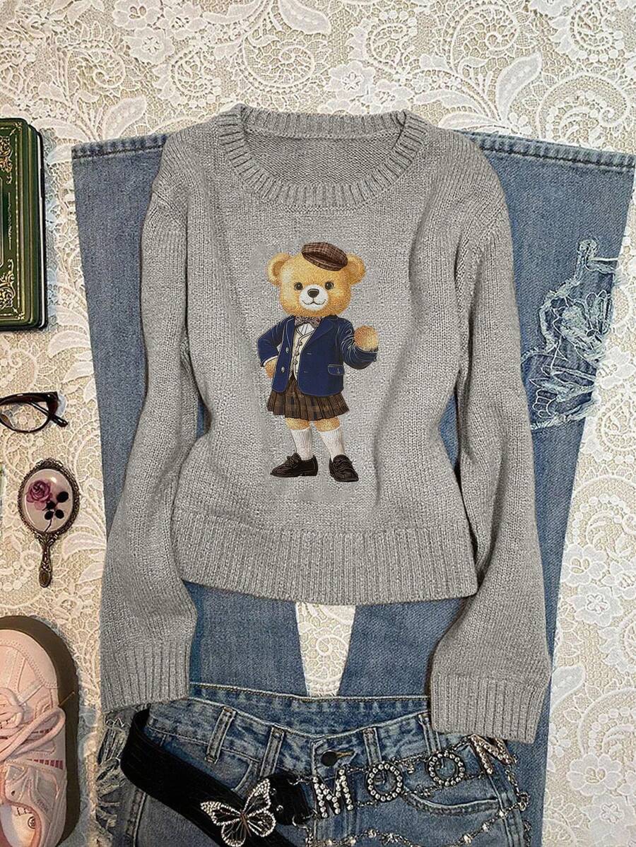 Attitoon Pulover cu mânecă lungă și guler rotund pentru femei, model de ursuleți de desene animate, potrivit pentru toamnă/iarnă - Gri - Vizualizare 1