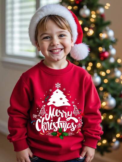 SHEIN Felpa a maniche lunghe in maglia spessa con motivi natalizi classici, albero di Natale, albero di Natale, cervo natalizio, adatta per l'estate, per ragazzi in stile casual e alla moda