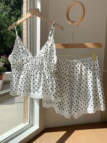 Comfortcana 2件套女士蕾丝拼布波尔卡圆点印花吊带背心和短裤套装 - 黑與白 - 查看 2