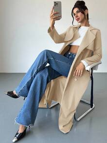 Firerie Women's Elegant Everyday Casual Commuting Office Fashion Navy Blue Long Sleeve Double-Breasted Pocket Cinched Waist Long Trench Coat, Autumn - Beige - View 7