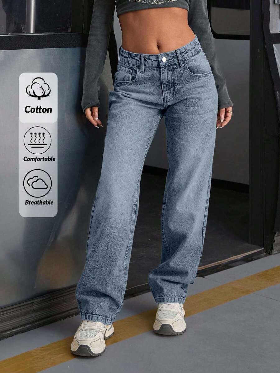 EURMUSE WOMEN LOW WAIST STRAIGHT Y2K WASH STREET WEAR - Dark Wash - View 1