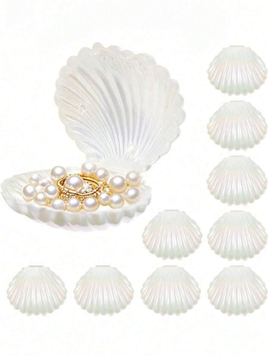 10pcs Shell Shaped Jewelry Storage Box, Mermaid-Themed Mini Shell Boxes, Plastic Mini Sea Shells Necklace Box For Gift, Under The Sea Birthday Party Shower Jewelry Storage Boxes,Mother's Day Graduation Season - White - View 1