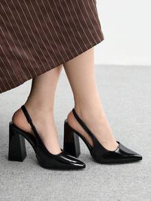 CUCCOO BIZCHIC Women's Fashion Pointed Toe Chunky High Heel Black Minimalist Pumps, Backstrap Slingback Heels For Daily Commute, Work, Shopping, Party, Suitable For Women