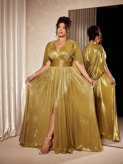 Cravure Plus Size Women's Formal Long Evening Dress, Front Slit Dress, Shiny Gold V-Neck Cape Gown, Metallic Fabric Plus Size Dress With Shawl Collar And Cinched Waist, Luxurious And Slimming, Elegant And Glamorous