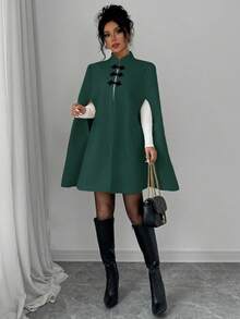 Selianne 优雅立领撞色中式纽扣斗篷斗篷女款，厚羊毛面料，秋冬 - 墨綠色 - 查看 6