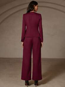 Revavyn Conjunto de blazer y pantalones de mujer de unicolor, de manga larga, con cuello invertido y ajustado - Rojo - Ver 2