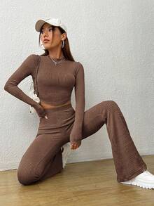 SHEIN EZwear Trang phục mùa hè Áo crop top dệt kim gân và quần ống loe - Cà phê nâu - Xem 5