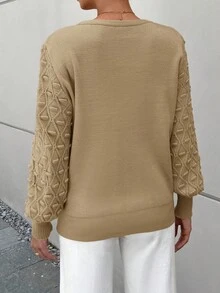 EURMUSE 女士纯色圆领长袖休闲毛衣 - 米色 - 查看 2