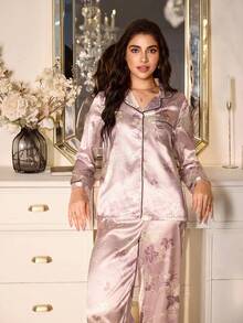 LuxeNights Floral Print Faux Silk Lapel Collar Long Sleeve Top & Pants Pajama Set For Women Fall Winter Clothes - Purple - View 5
