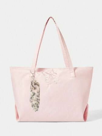 Kawaii Bolso de hombro de gran capacidad con bordado de lazo de patrón floral 84225, bolso de tela Oxford de moda, bolso de tela de moda con cremallera, monedero de lazo de moda para mujer, bolsos de tela para mujer, artículos esenciales para la universidad