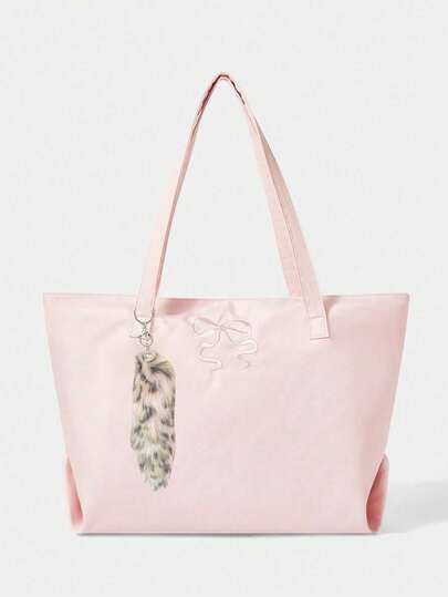 Kawaii Sac à bandoulière grande capacité avec motif floral 84225 et nœud brodé, sac fourre-tout en tissu Oxford , sac fourre-tout avec fermeture éclair, porte-monnaie avec nœud pour femmes, sacs fourre-tout pour femmes, essentiels pour le collège