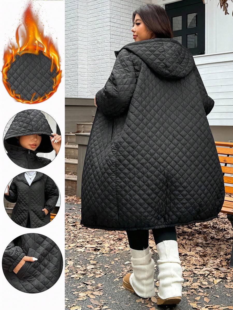 SHEIN EZwear Plus Size Women's Quilted Casual Jacket With Pockets,Black Raglan Sleeve Long Winter Clothes,Suitable For Autumn/Winter Hiking Streetwear Coats - Black - View 1