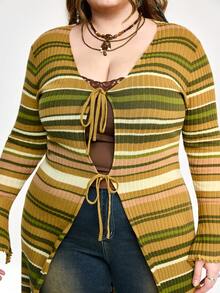ROMWE Fairycore Vintage Elegant Mori Style Fairy Striped Long Knitted Drawstring Cardigan, Cottagecore Plus Size Mori Style Long Knitted Sweater Cardigan/Winter - Green - View 2