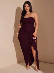 SHEIN BAE 大码女式春夏豌豆绿、绿色褶饰荷叶边下摆高开衩连衣裙、优雅度假沙滩裙、沙滩派对裙、夜间外出裙、生日裙、性感别致裙、网眼裙 - 紫紅色 - 查看 2