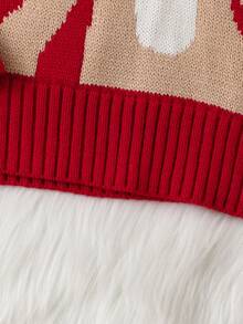 SHEIN 女孩红色背景圣诞驯鹿图案圆领长袖毛衣 - 紅色 - 查看 6